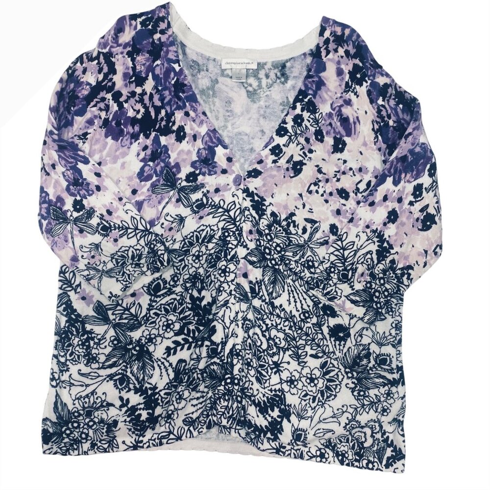 Christopher & Banks Cardigan Sweater Womens Size L Floral Cotton Button Up Cotta